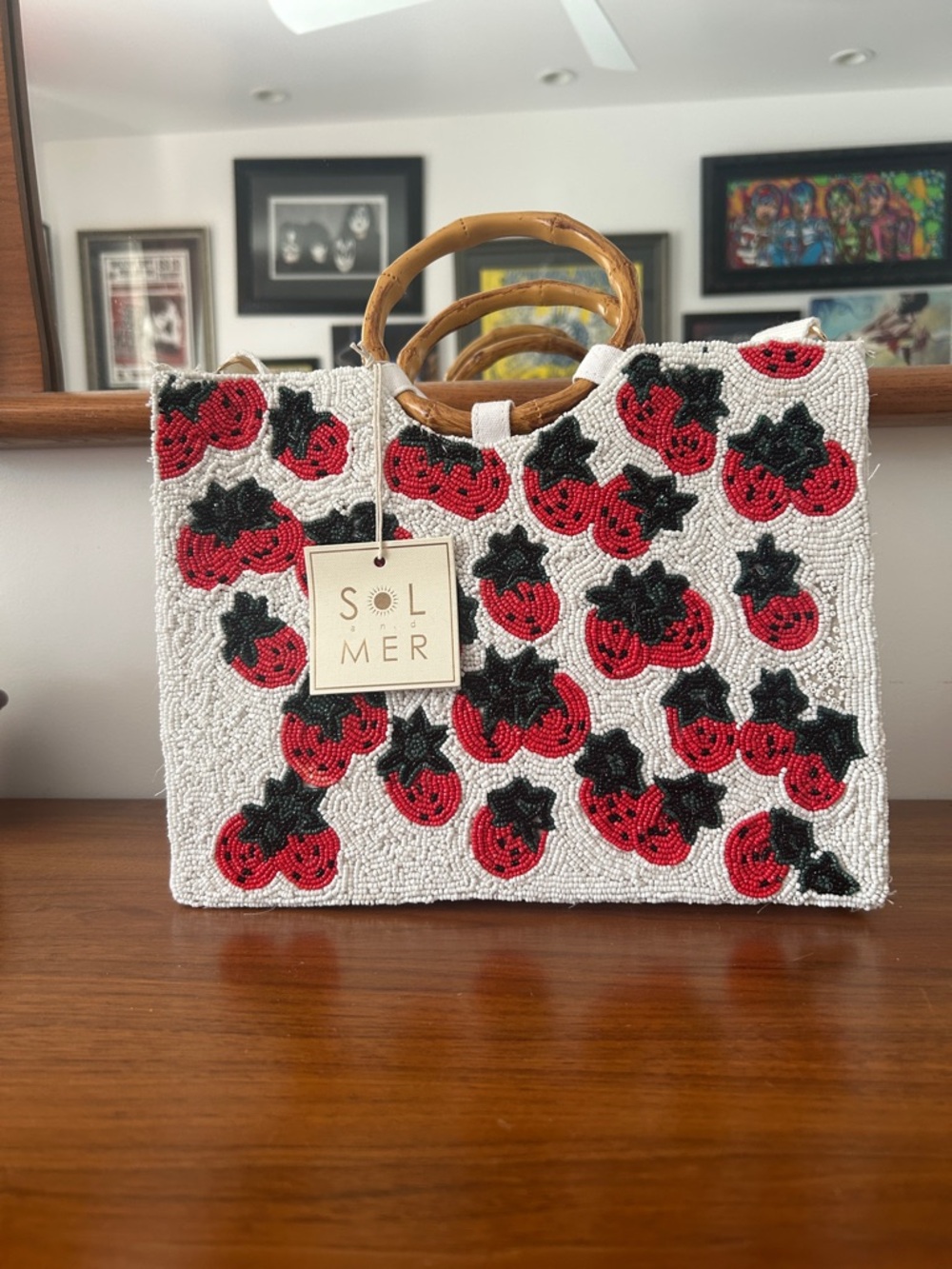 SOL and MER Strawberries Beaded Tote Bag in White and Red